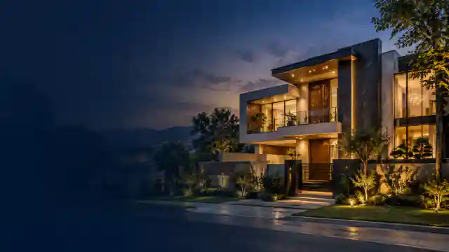 Modern two-storey house with glass facade and garden lighting at dusk